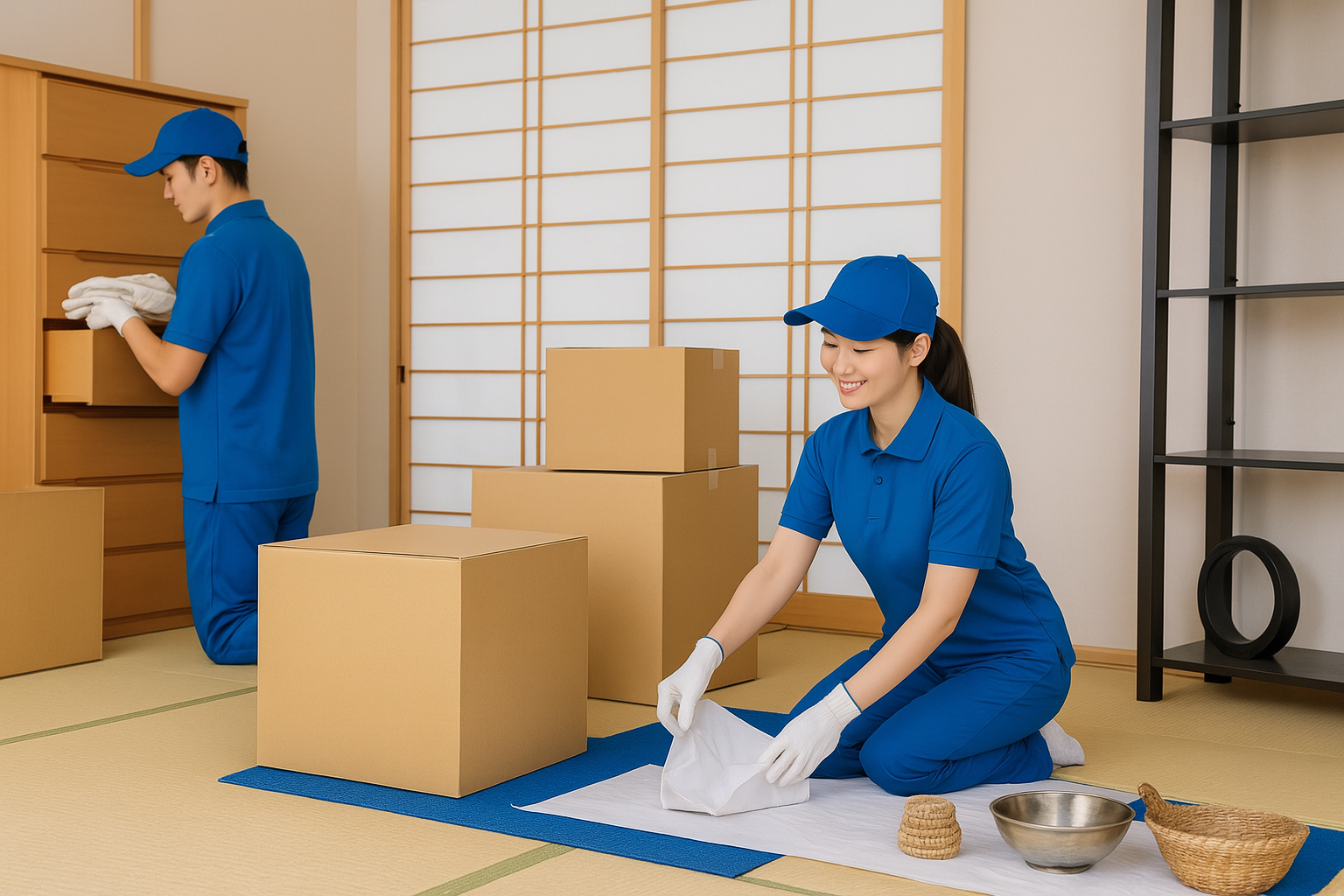 札幌で引越し前の荷造り作業を行うスタッフ｜不用品回収と片付けも対応