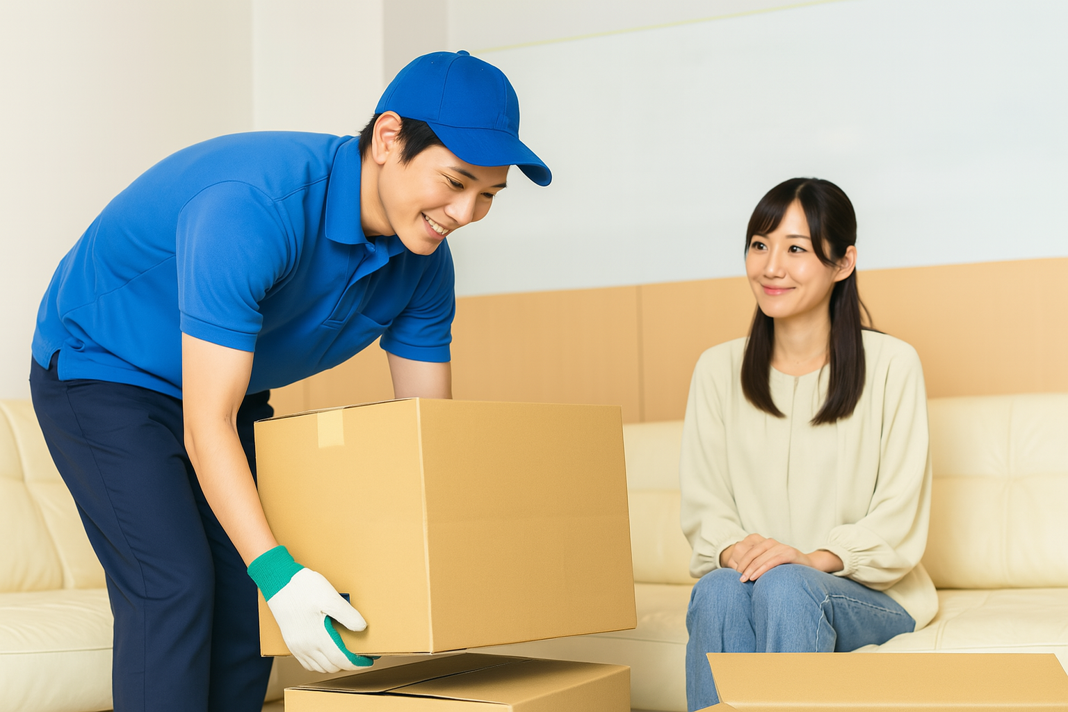 札幌で引越しの段ボールを運び出すスタッフと笑顔のお客様