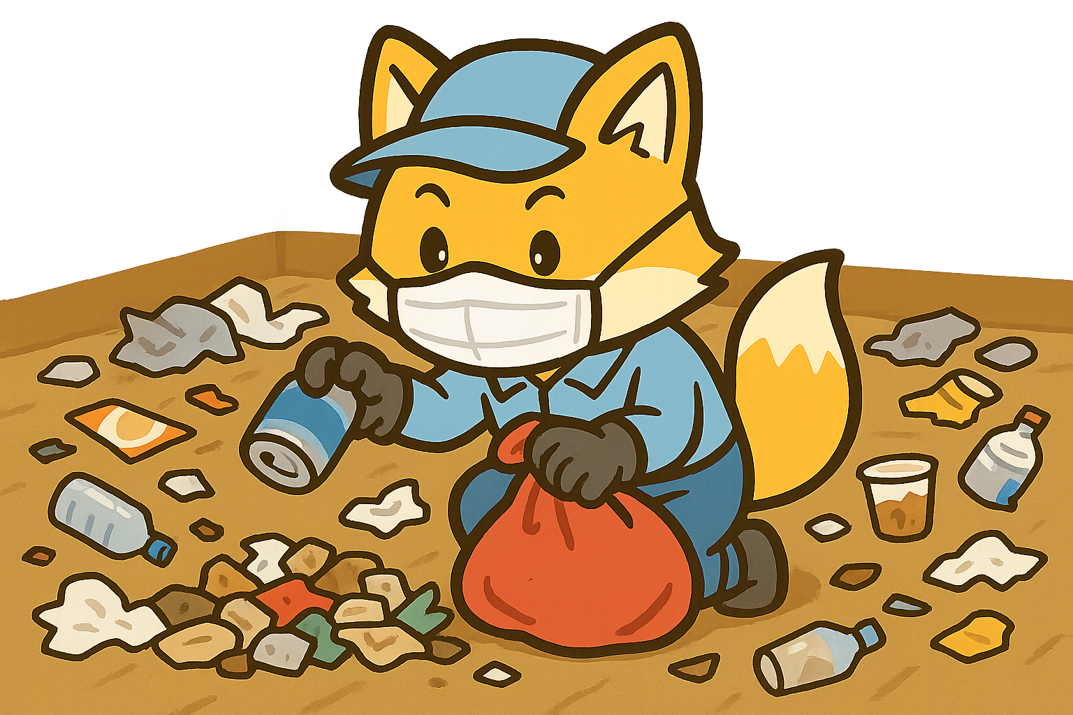 札幌でゴミ屋敷片付けや不用品回収を行うきつねくんキャラクター｜マスクと手袋で清掃作業