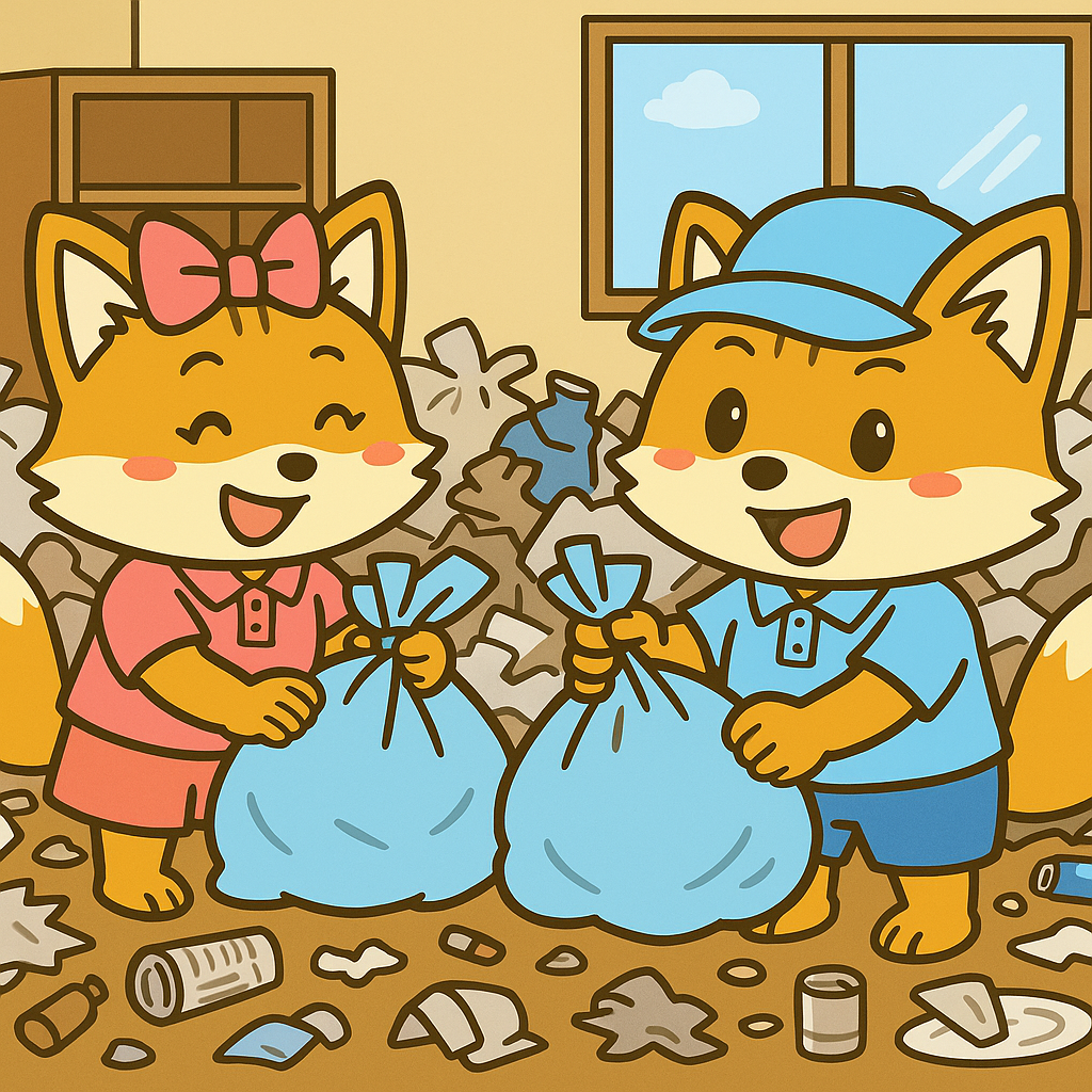 札幌のゴミ屋敷片付けを行うきつねくんときつねちゃんキャラクター｜不用品回収や清掃も即日対応