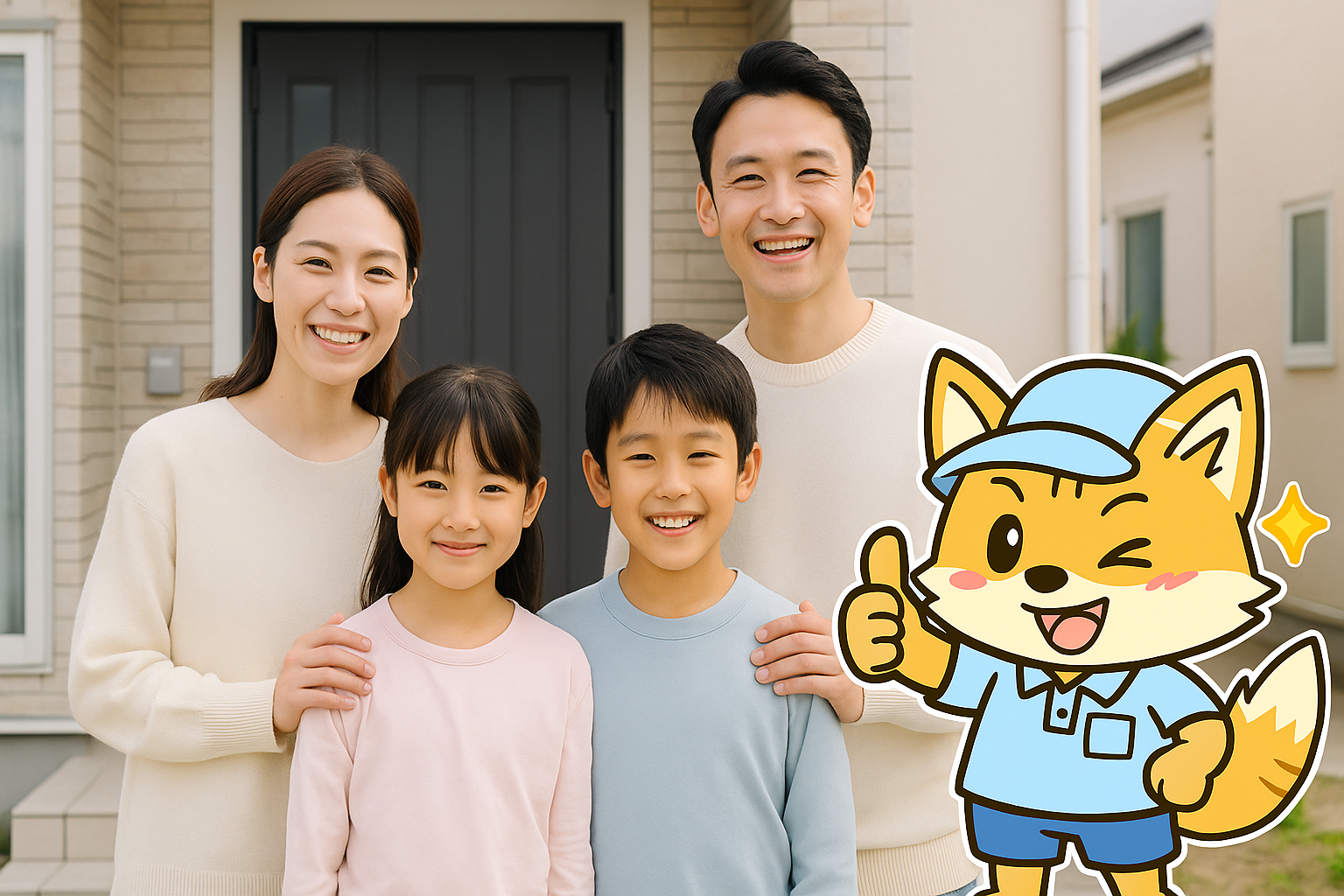 札幌で不用品回収とゴミ屋敷片付けを終えて笑顔になる家族ときつねくんキャラクター｜清掃後の安心と快適生活