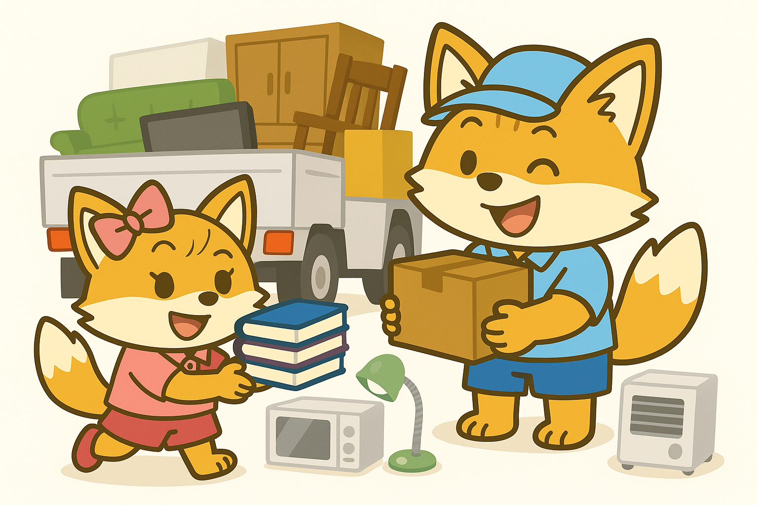 札幌で引越しと不用品回収を行うきつねくんときつねちゃんキャラクター