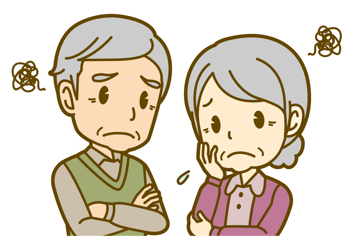 札幌で不用品回収やゴミ屋敷片付けに悩む老夫婦のイラスト｜清掃や一軒家丸ごとの片付けも対応