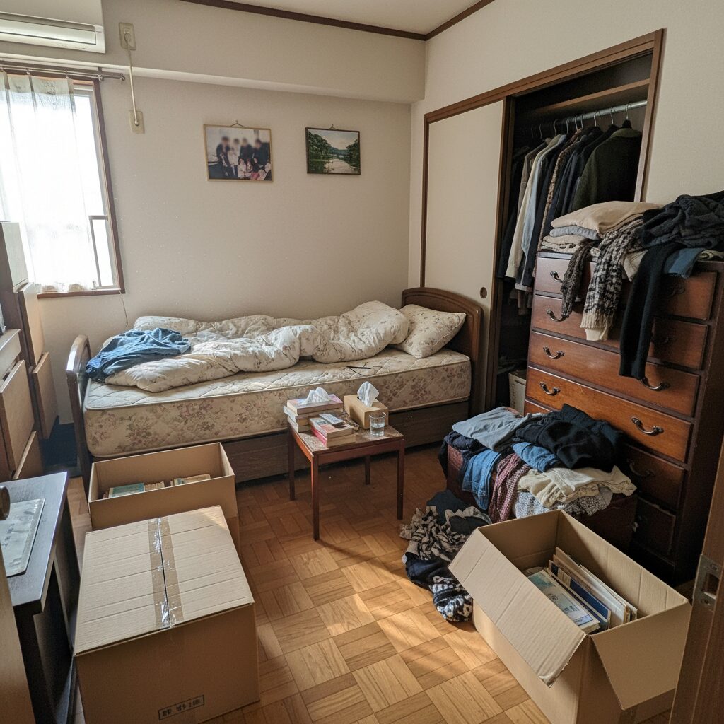 札幌の遺品整理ビフォー - 洋室寝室の作業前の状態