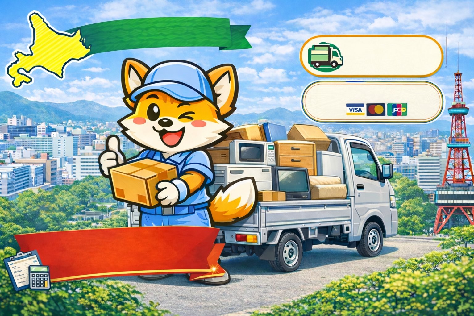 便利屋アスタートのきつねくんマスコットと不用品回収トラック・札幌テレビ塔のイラスト