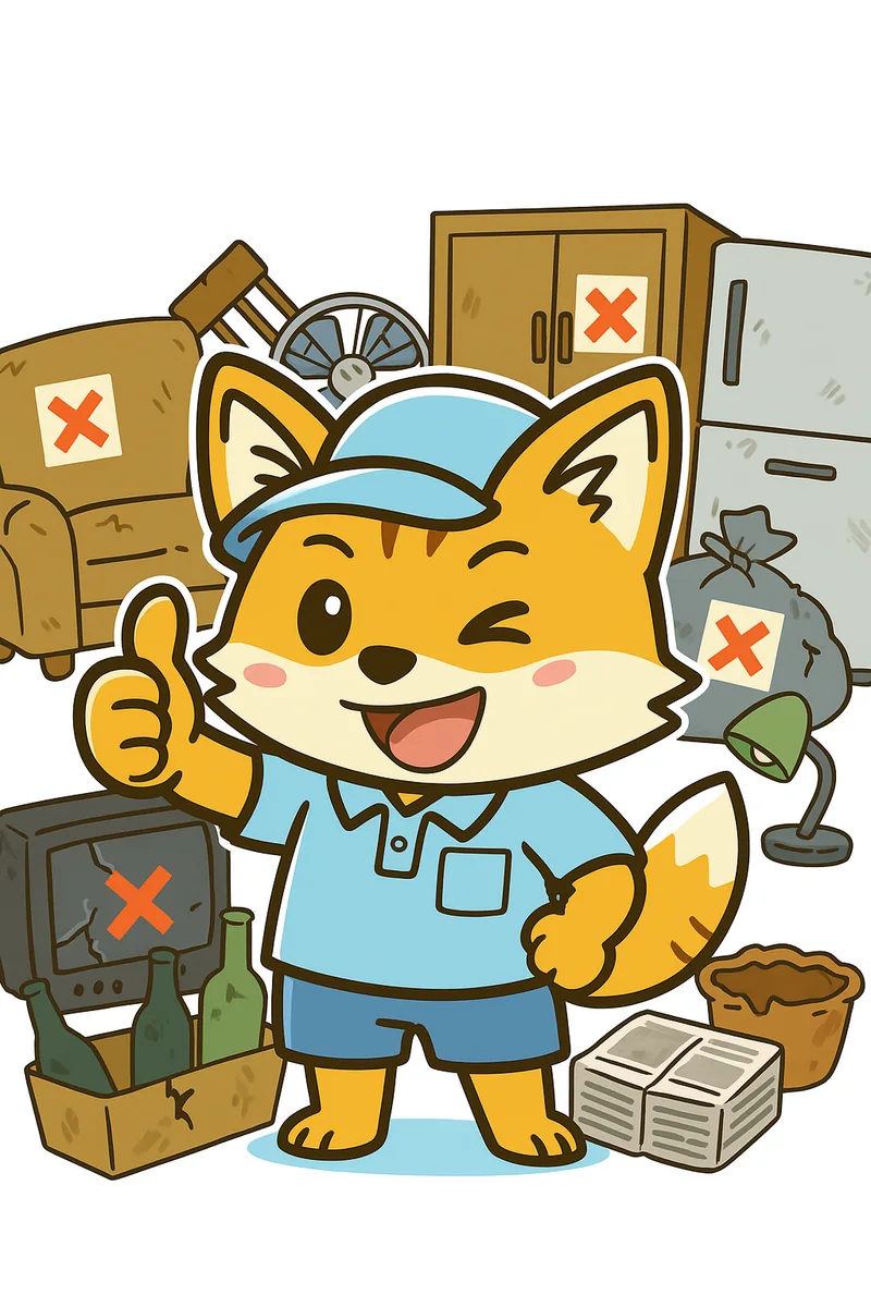 不用品に囲まれて親指を立てる便利屋アスタートのマスコット きつねくん