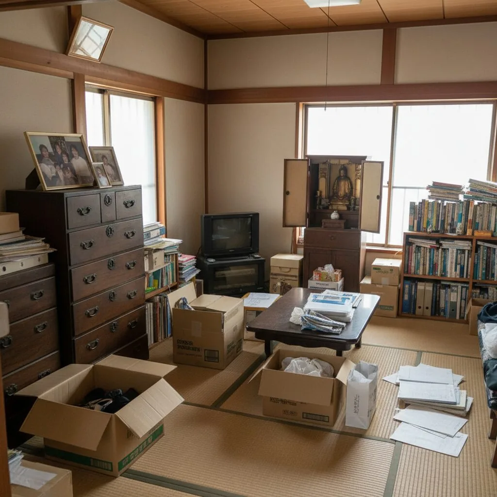 札幌の遺品整理ビフォー - 和室6畳の作業前の状態