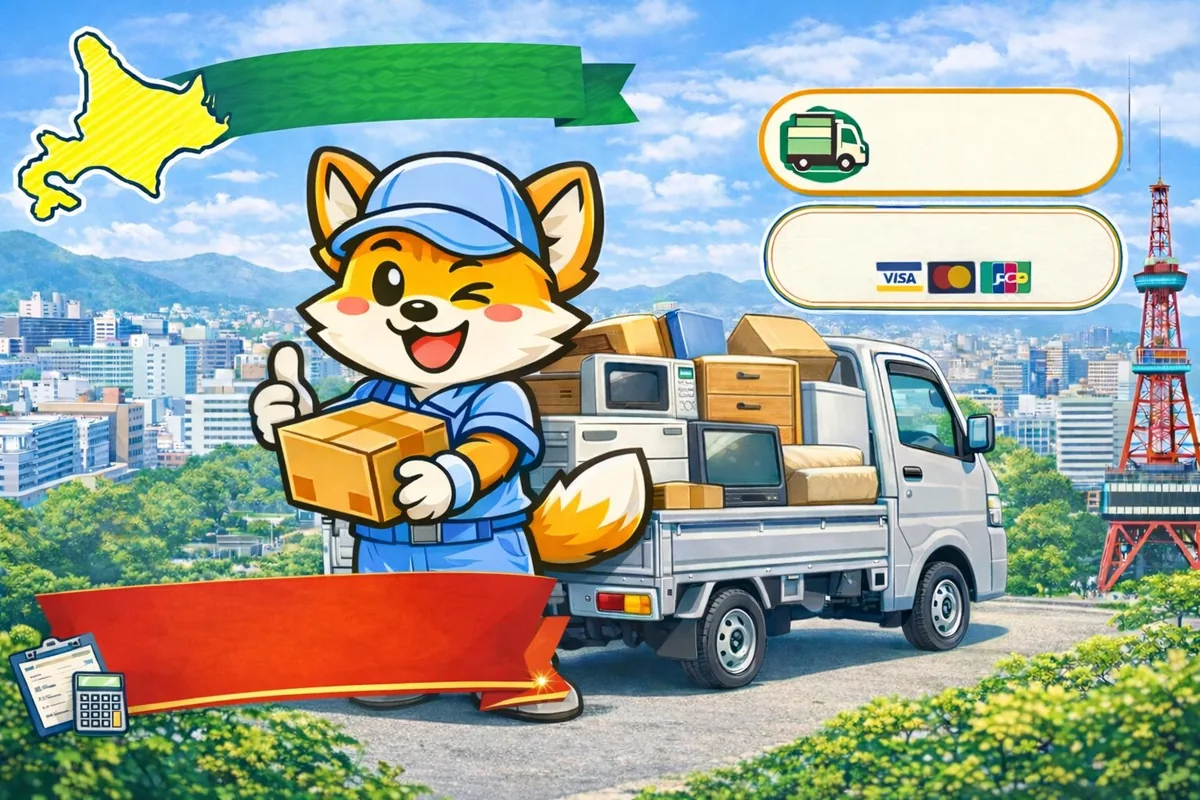 便利屋アスタートのきつねくんマスコットと不用品回収トラック・札幌テレビ塔のイラスト