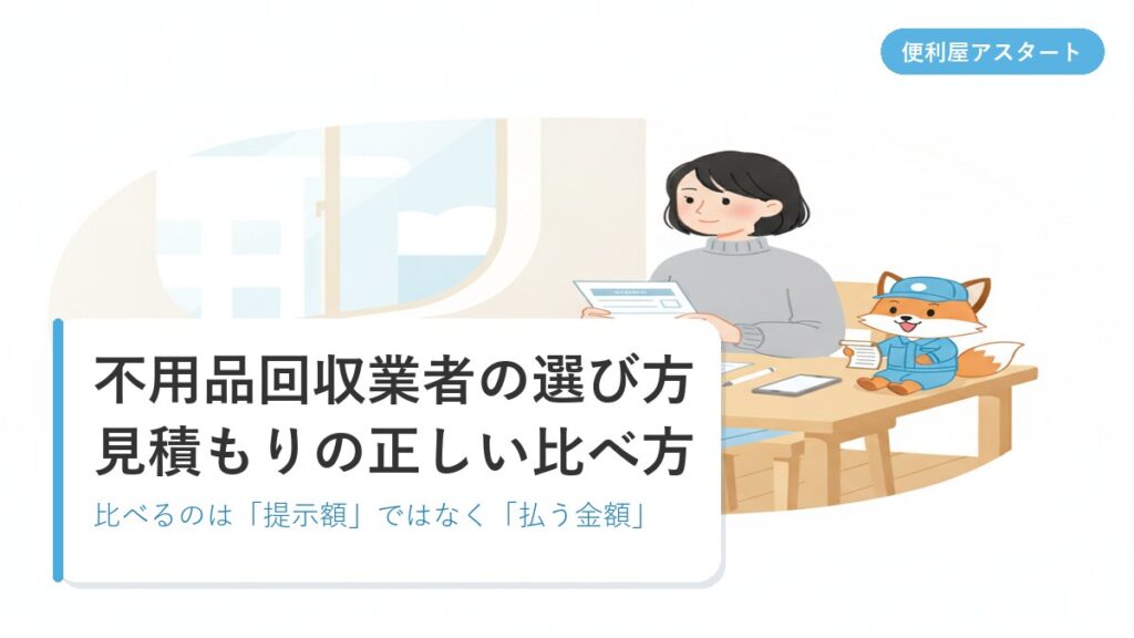 2社の見積書をテーブルに並べて金額を比べている人のイラスト｜便利屋アスタートの不用品回収業者の選び方