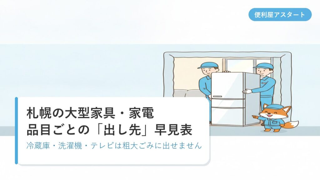冷蔵庫とベッドとソファを部屋から運び出す作業員のイラスト｜便利屋アスタートの札幌大型家具・家電の処分