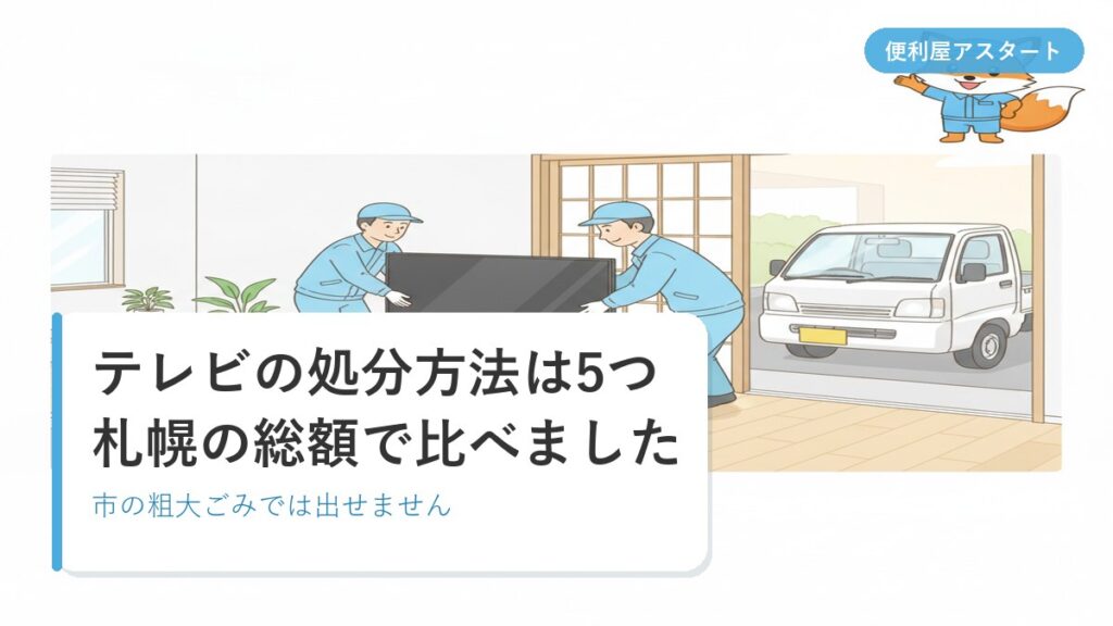 札幌の部屋から液晶テレビを運び出す水色の作業着のスタッフと、軽トラックに積み込む様子を描いたイラスト｜テレビの処分方法