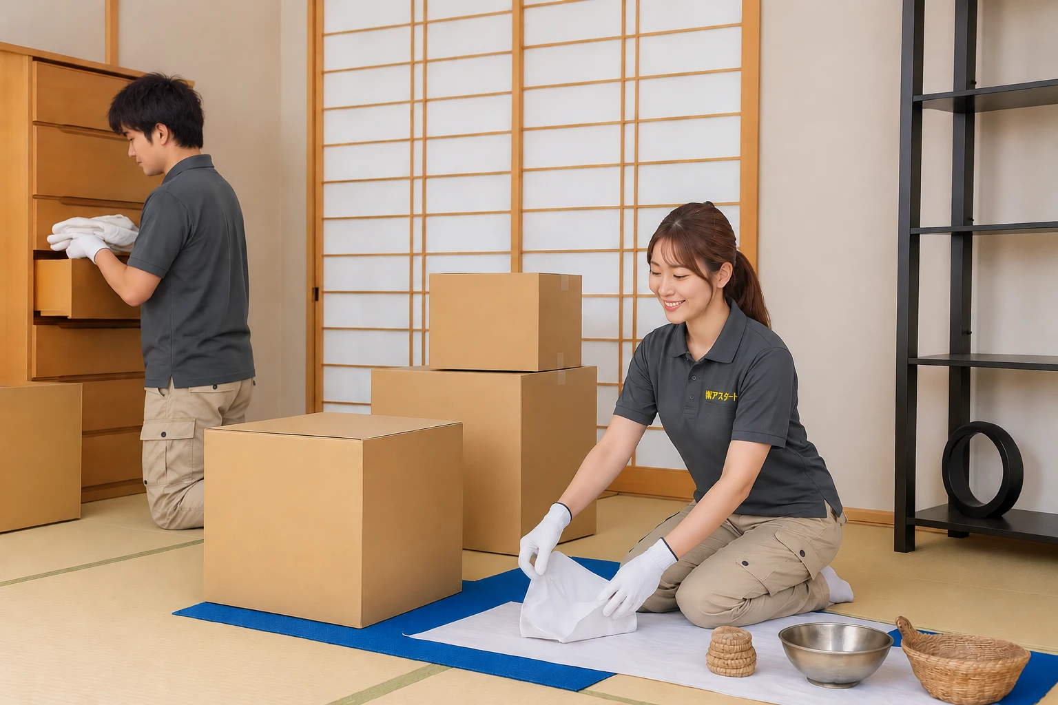 和室で女性スタッフが白い手袋で食器を紙に包み、奥で男性スタッフがタンスから衣類を取り出して荷造りしている様子