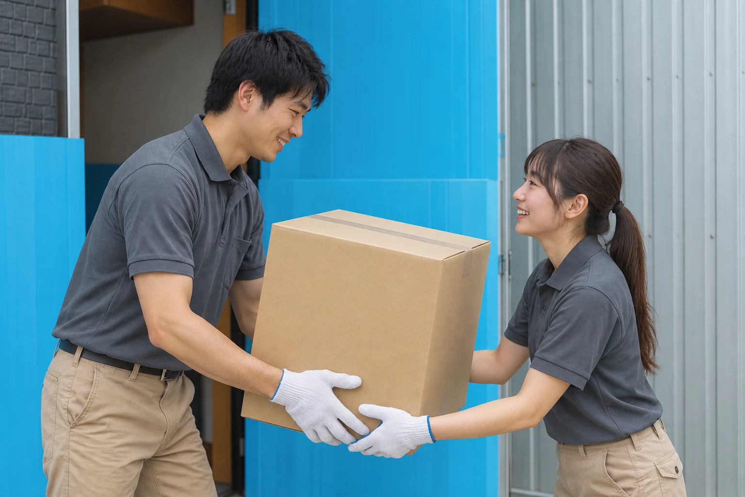 青い養生ボードを貼った玄関先で、男性スタッフと女性スタッフが笑顔で段ボール箱を手渡ししている様子