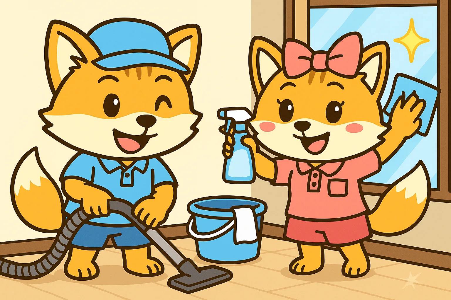 掃除機をかけるきつねくんと、窓をふくきつねちゃんのイラスト