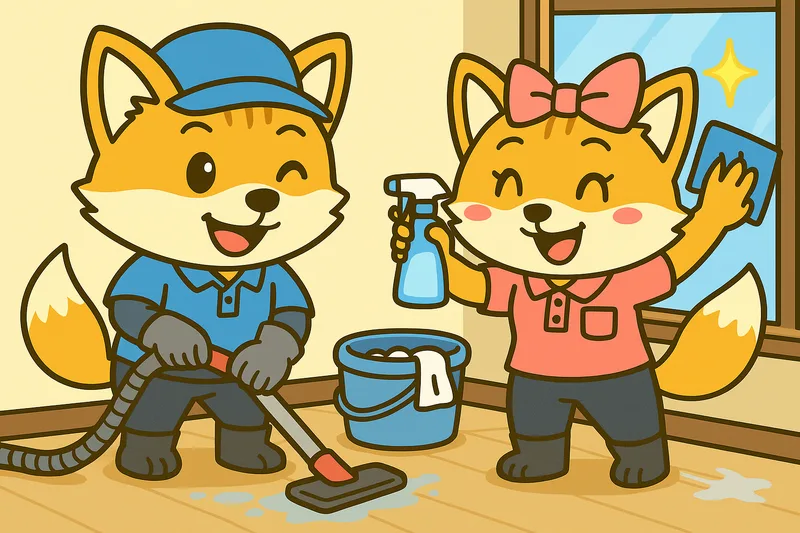 スプレーと掃除機を持ってお部屋をきれいにするきつねくんたちのイラスト