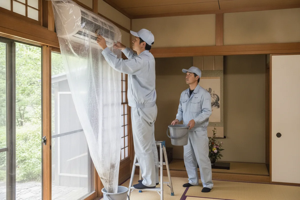 和室の壁掛けエアコンに洗浄カバーを付けて、脚立の上で清掃しているスタッフ