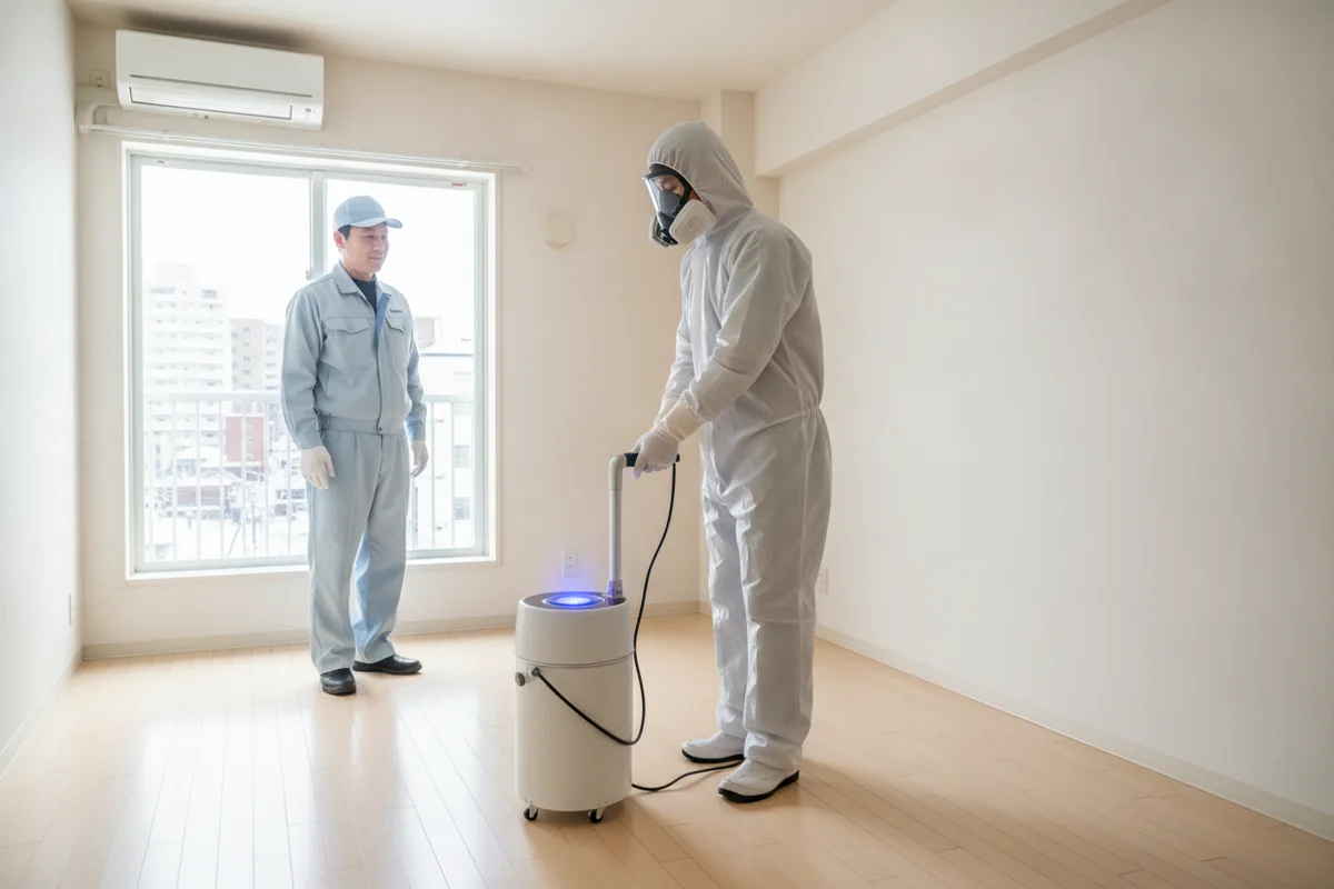 防護服とマスクを着けたスタッフが、空になった部屋で消臭の機械を動かしている様子