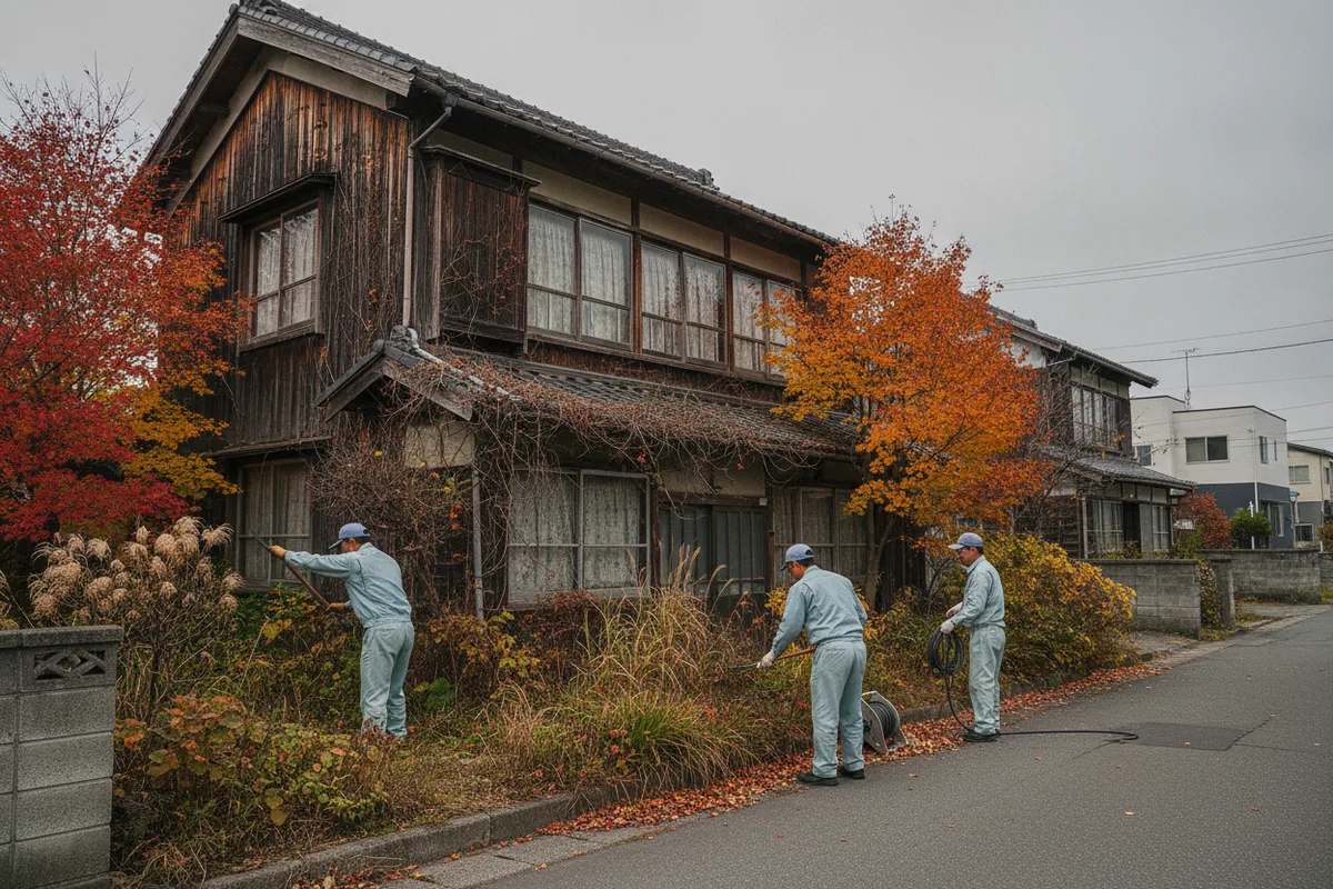 紅葉の季節、庭の草木が伸びた古い木造の空き家で、作業着のスタッフが草刈りをしている様子