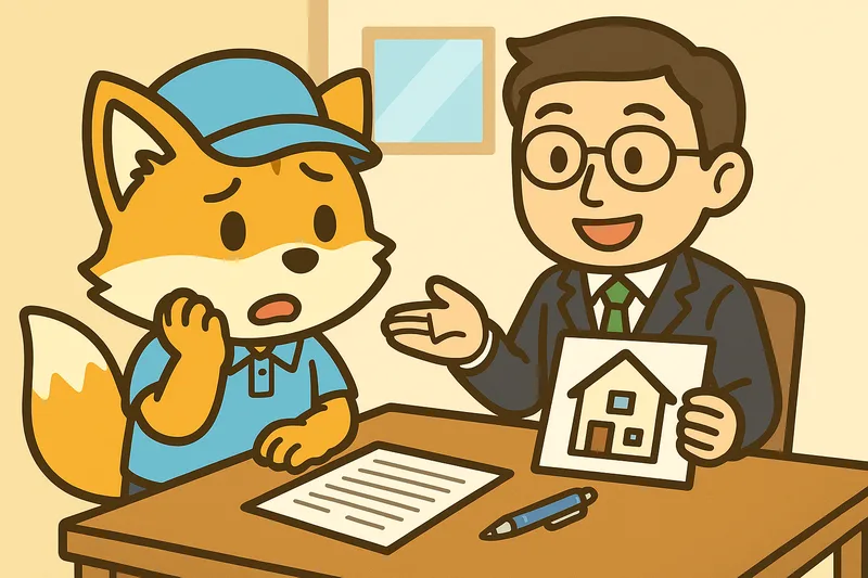 不動産会社の担当者と一緒に相談を受けるきつねくんのイラスト