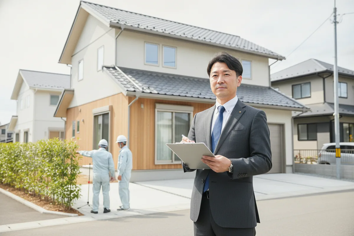 スーツ姿の担当者がクリップボードを持ち、2階建ての一戸建ての前で物件を確認している様子
