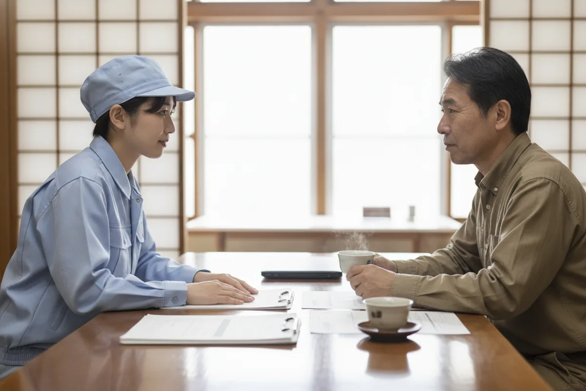 作業着の女性スタッフが、お茶を出したテーブルで男性のご相談を聞いている様子