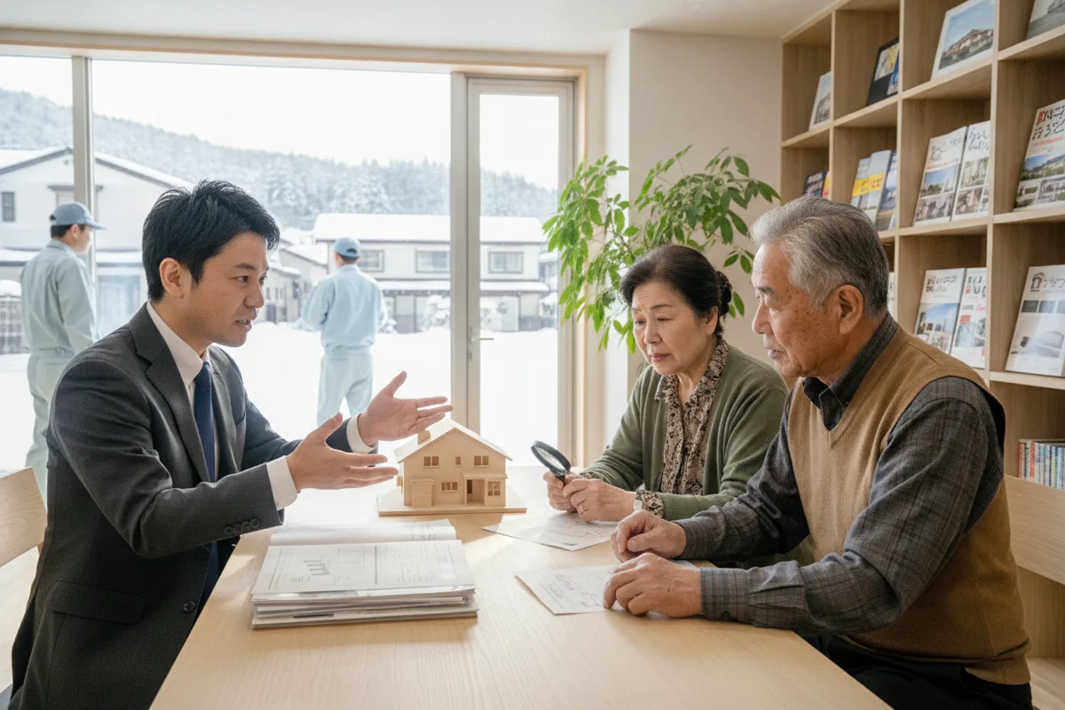 提携の不動産会社の担当者が、高齢のご夫婦に家の模型と書類を使って売却の説明をしている様子